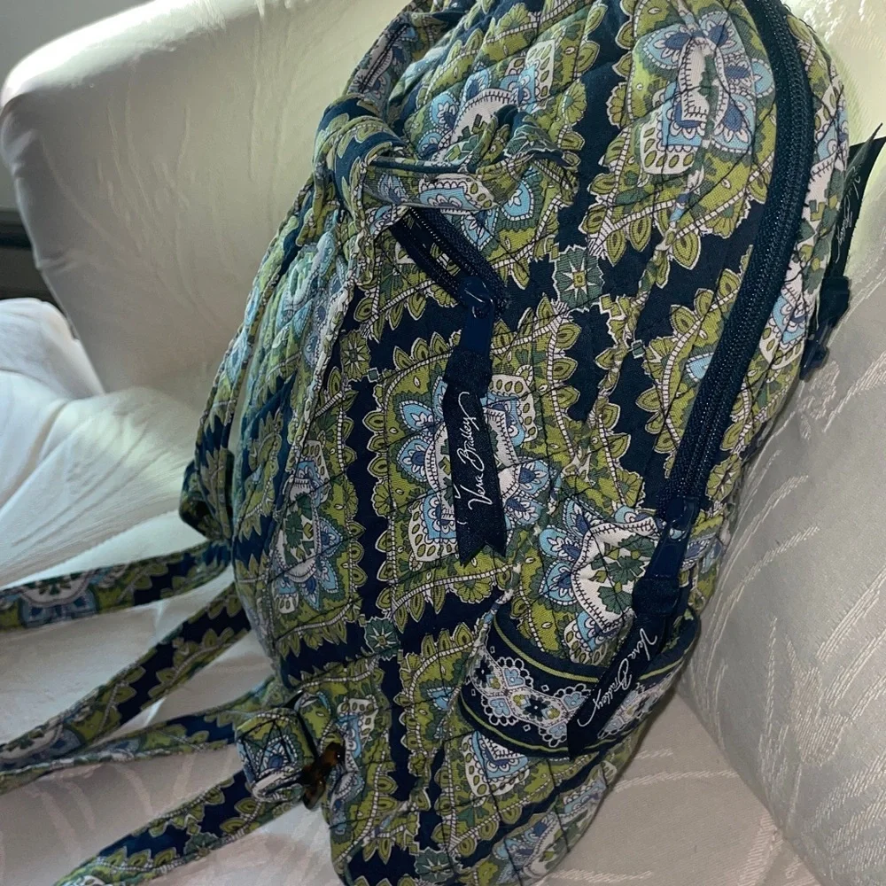 Vera Bradley Quilted Mini Backpack Purse Green Navy Blue - Picture 3 of 11